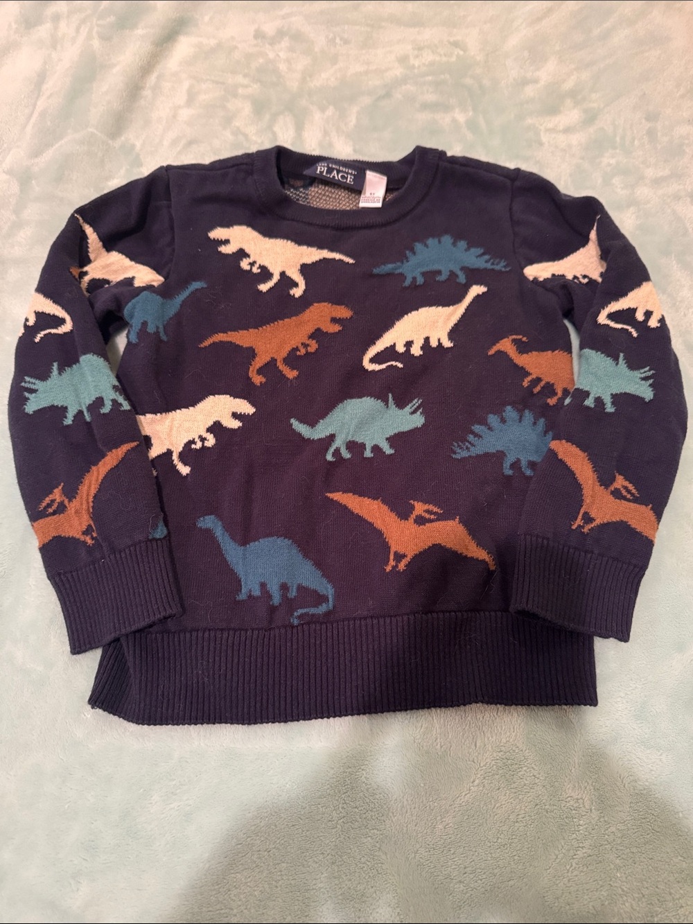 The Children's Place Navy Sweater with Multicolor Dinosaur Pattern